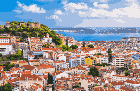 a city with red roofs and a body of water